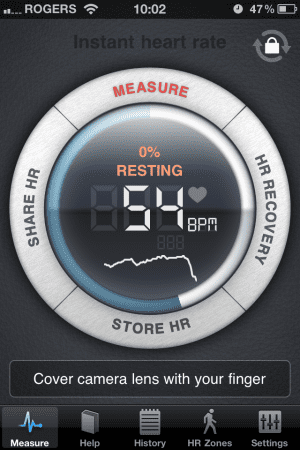 Screen shot of the heart rate app I use.
